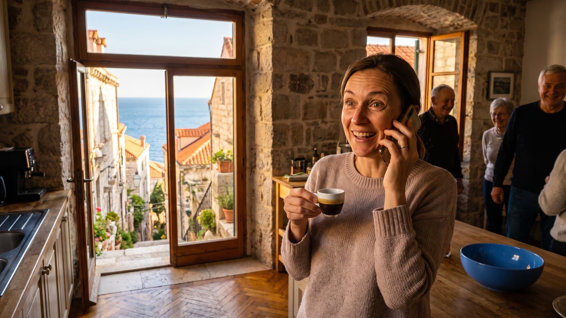 Žena u kuhinji razgovara telefonom i oduševljeno sluša