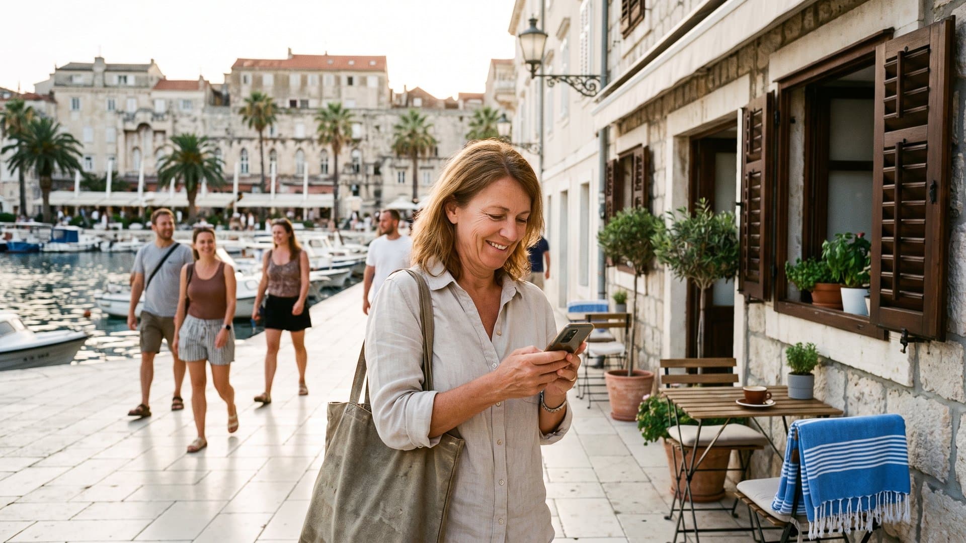 Domaćica apartmana gleda telefon šetajući kamenom ulicom uz more