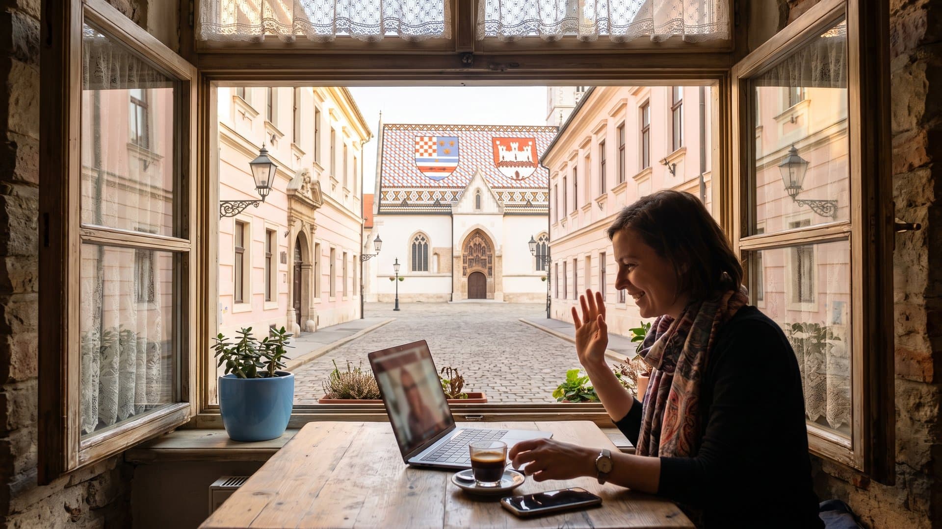 Stol uz prozor s laptopom, telefonom i šalicom espressa