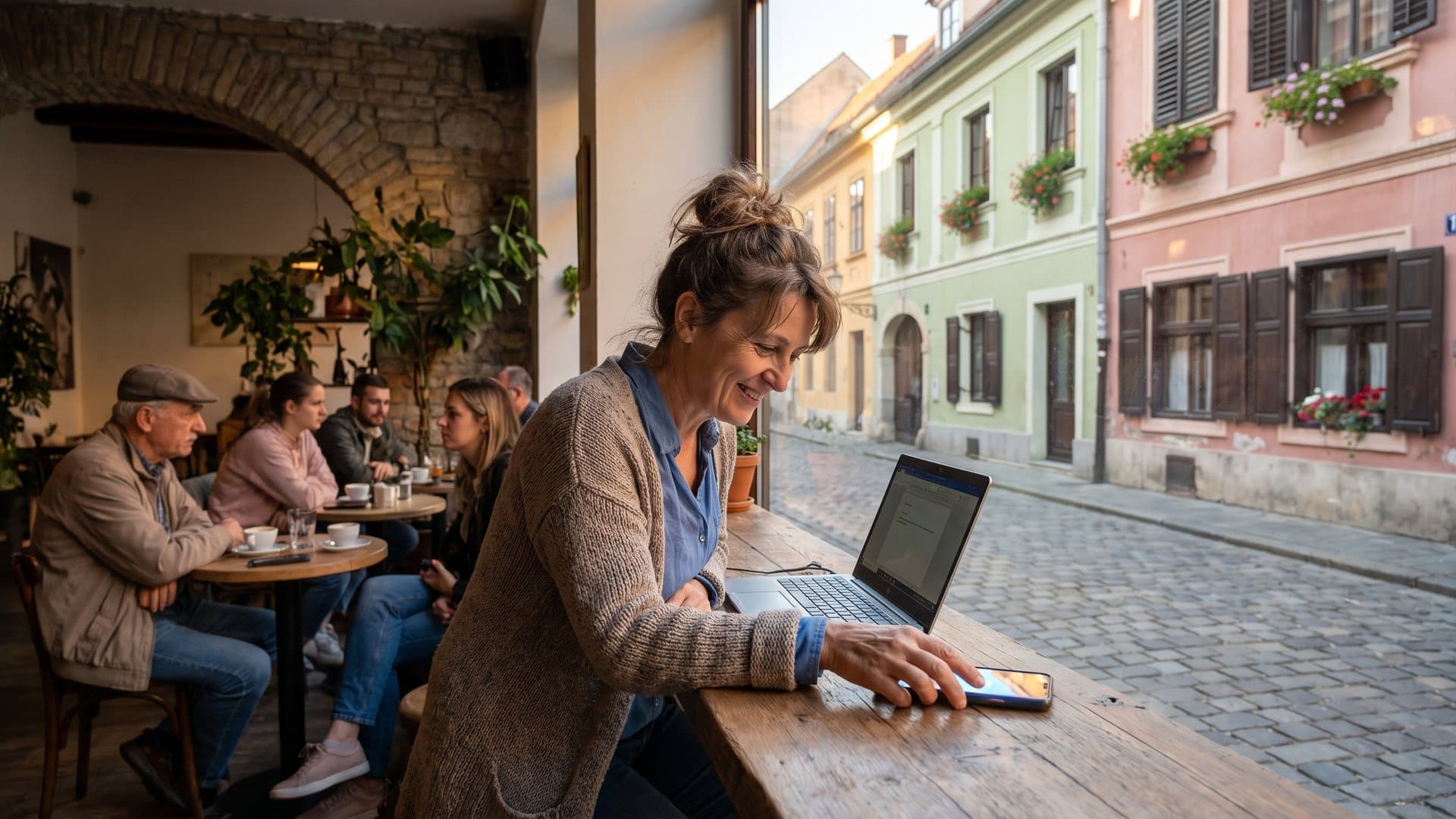 Vlasnica kafića podešava sve na laptopu dok joj telefon svijetli na šanku