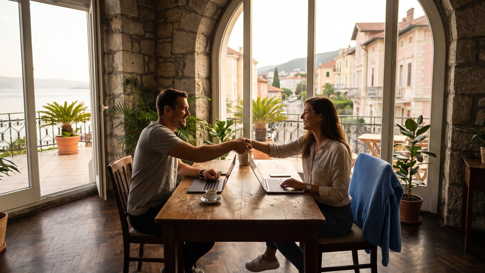 Dvoje malih poduzetnika rukuje se u svijetlom coworking prostoru